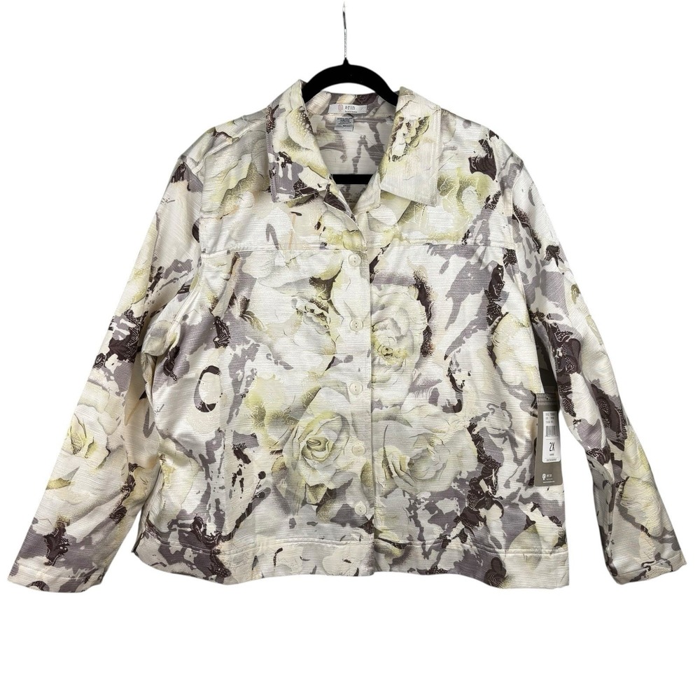NWT Erin‎ Womens Jacket Textured Floral Yellow Button Front Trucker Sz 2X Spring